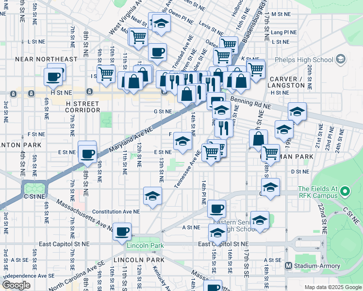 map of restaurants, bars, coffee shops, grocery stores, and more near 1357 Emerald Street Northeast in Washington