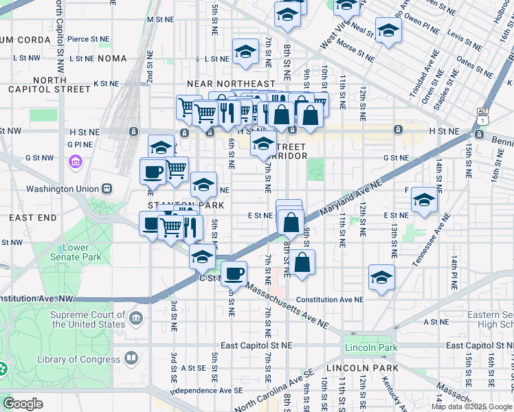 map of restaurants, bars, coffee shops, grocery stores, and more near 647 Acker Place Northeast in Washington