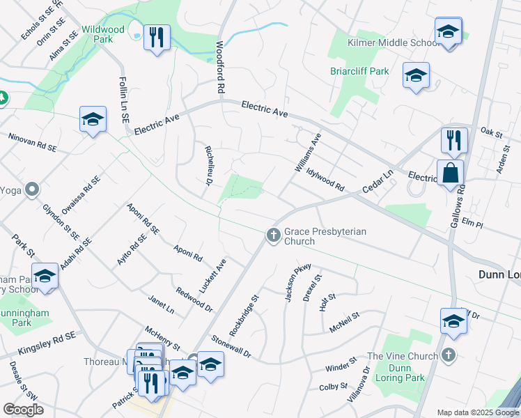 map of restaurants, bars, coffee shops, grocery stores, and more near 8412 Reflection Lane in Vienna