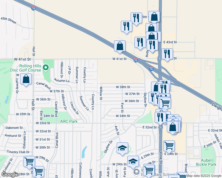 map of restaurants, bars, coffee shops, grocery stores, and more near 200-312 West 38th Street in Hays