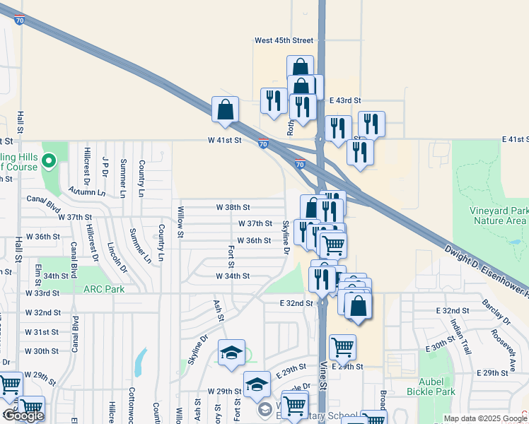map of restaurants, bars, coffee shops, grocery stores, and more near 108 West 38th Street in Hays