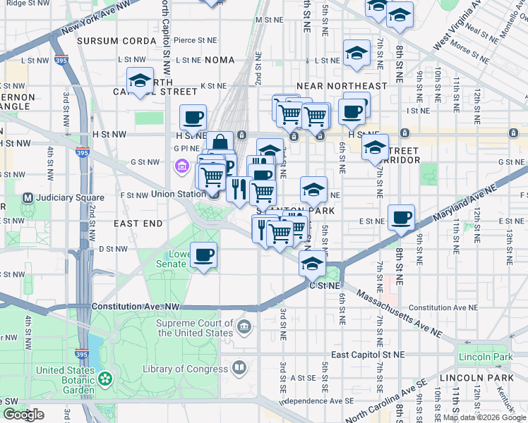 map of restaurants, bars, coffee shops, grocery stores, and more near 101 Independence Avenue Southeast in Washington
