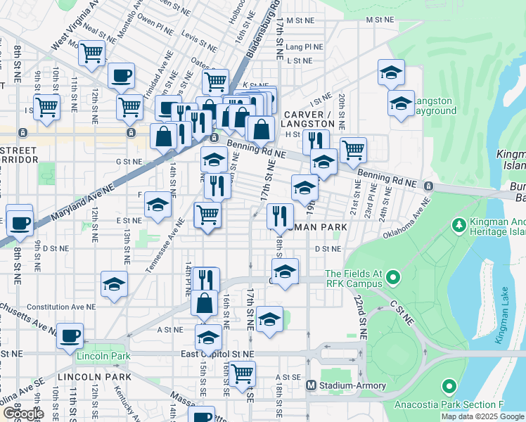 map of restaurants, bars, coffee shops, grocery stores, and more near 521 17th Street Northeast in Washington