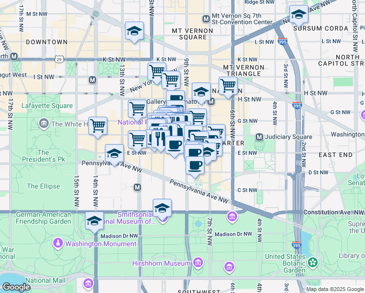map of restaurants, bars, coffee shops, grocery stores, and more near 915 E Street Northwest in Washington