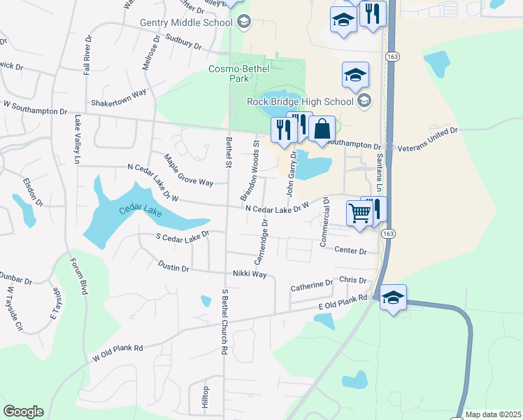 map of restaurants, bars, coffee shops, grocery stores, and more near 262 North Cedar Lake Drive East in Columbia