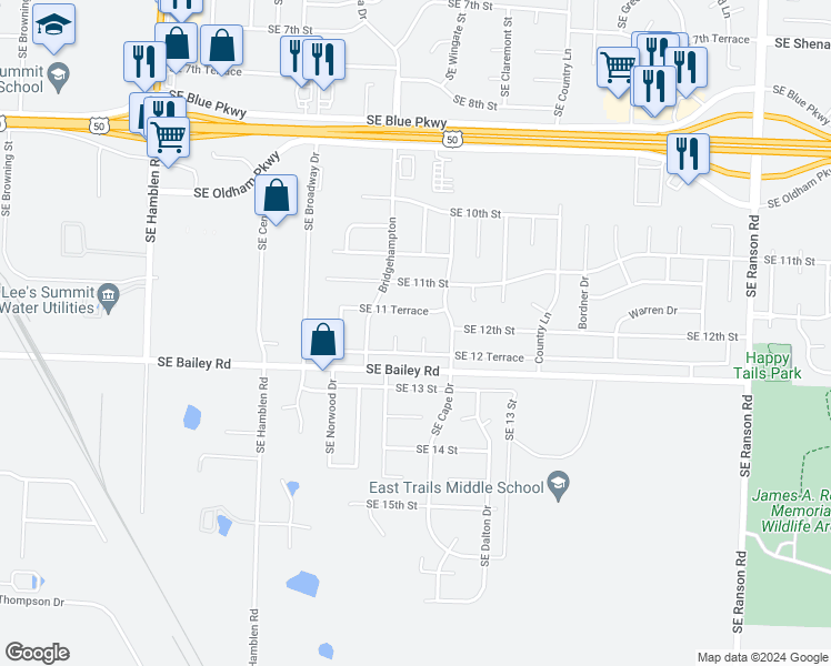 map of restaurants, bars, coffee shops, grocery stores, and more near 1206 Southeast 12 Court in Lee's Summit