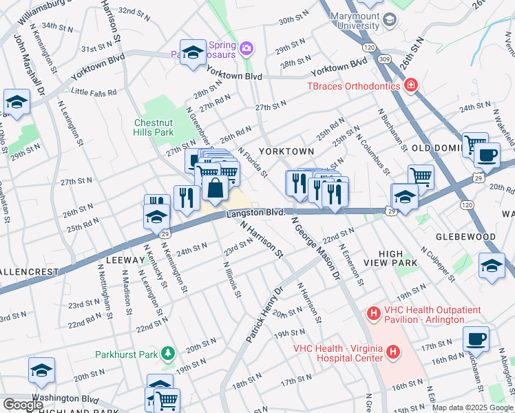 map of restaurants, bars, coffee shops, grocery stores, and more near 2302 North Greenbrier Court in Arlington