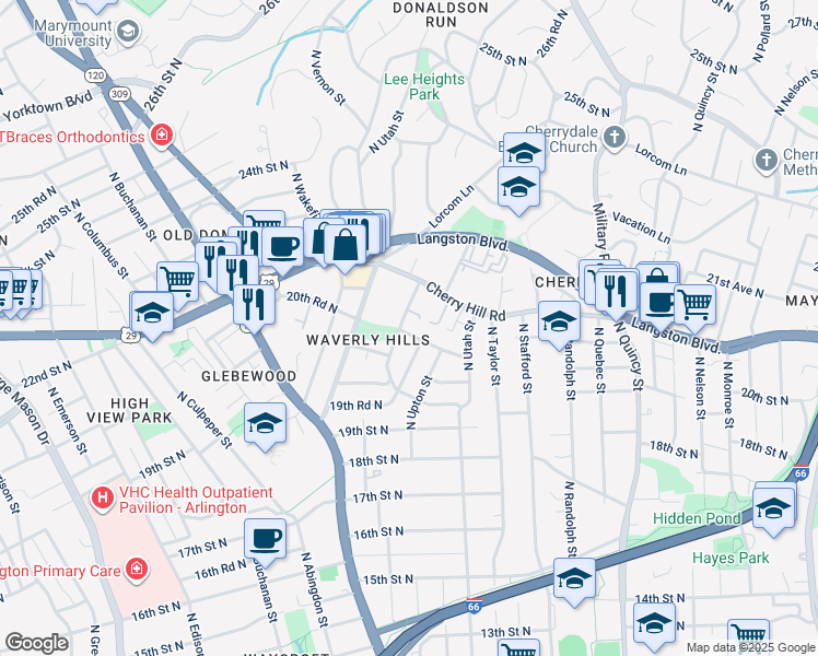 map of restaurants, bars, coffee shops, grocery stores, and more near 4453 20th Road North in Arlington
