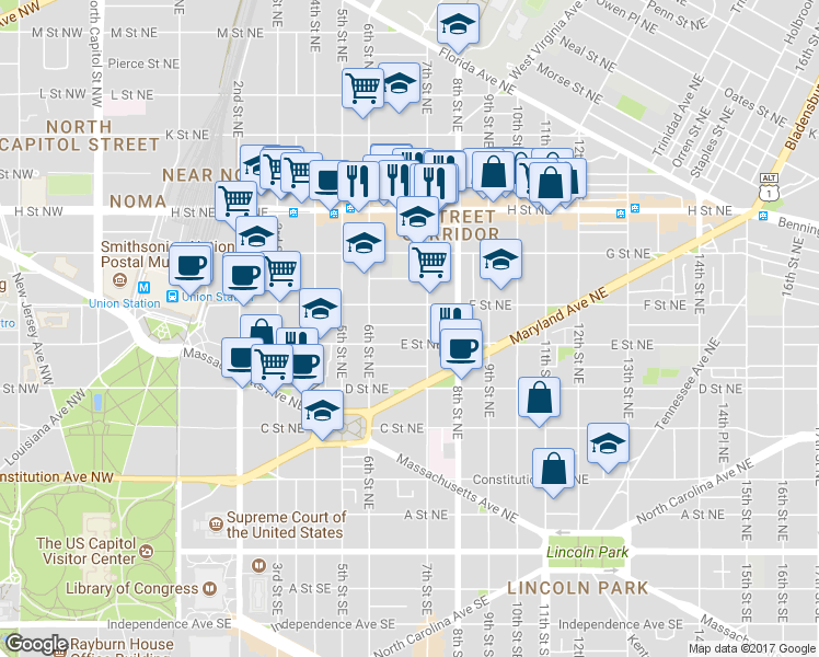 map of restaurants, bars, coffee shops, grocery stores, and more near 647 Acker Place Northeast in Washington