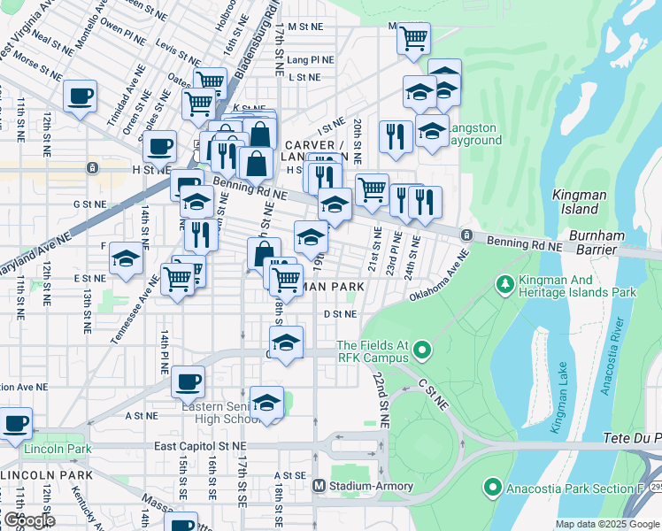map of restaurants, bars, coffee shops, grocery stores, and more near 101 Independence Avenue Southeast in Washington