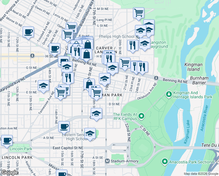 map of restaurants, bars, coffee shops, grocery stores, and more near 101 Independence Avenue Southeast in Washington