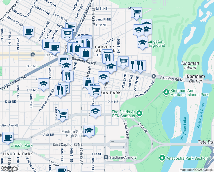 map of restaurants, bars, coffee shops, grocery stores, and more near 101 Independence Avenue Southeast in Washington