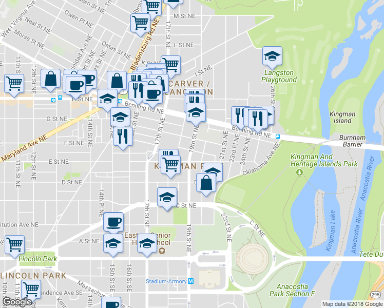 map of restaurants, bars, coffee shops, grocery stores, and more near 101 Independence Avenue Southeast in Washington