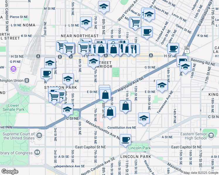 map of restaurants, bars, coffee shops, grocery stores, and more near 101 Independence Avenue Southeast in Washington