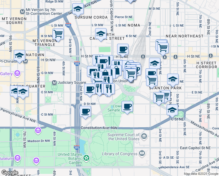 map of restaurants, bars, coffee shops, grocery stores, and more near 101 Independence Avenue Southeast in Washington