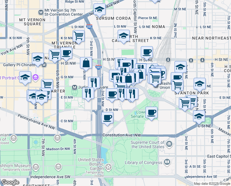 map of restaurants, bars, coffee shops, grocery stores, and more near 101 Independence Avenue Southeast in Washington