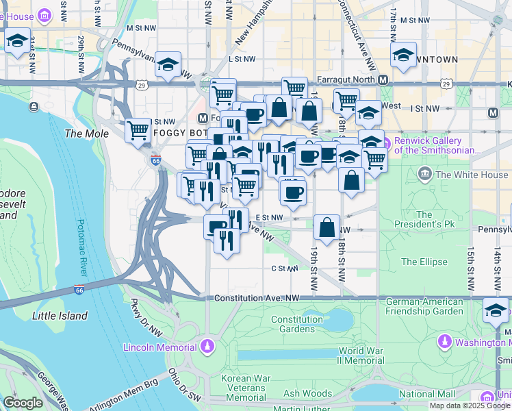 map of restaurants, bars, coffee shops, grocery stores, and more near 101 Independence Avenue Southeast in Washington