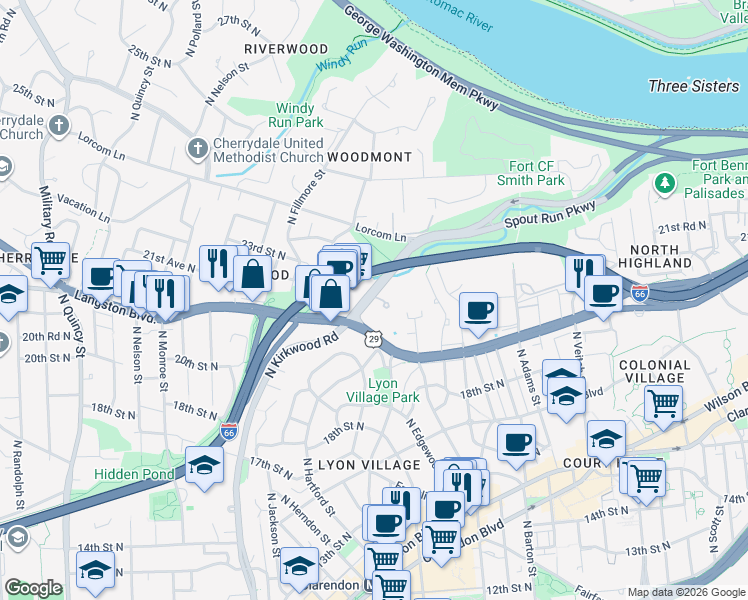 map of restaurants, bars, coffee shops, grocery stores, and more near in Arlington