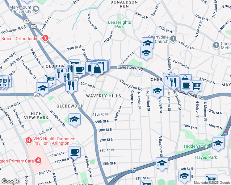 map of restaurants, bars, coffee shops, grocery stores, and more near 4453 20th Road North in Arlington