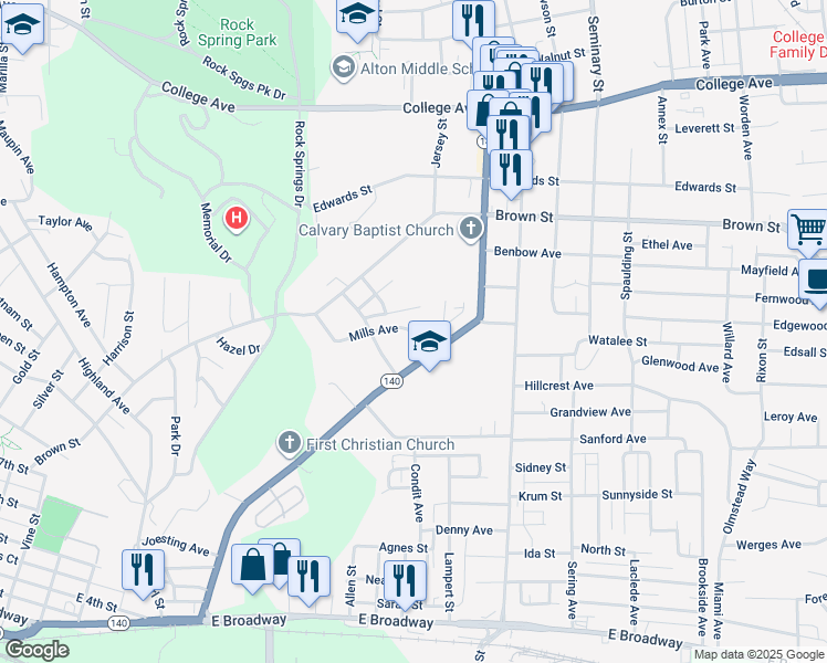 map of restaurants, bars, coffee shops, grocery stores, and more near 2409 Mills Avenue in Alton