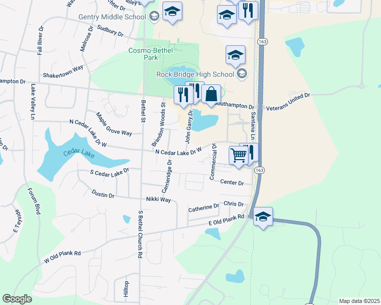 map of restaurants, bars, coffee shops, grocery stores, and more near 38 North Cedar Lake Drive West in Columbia