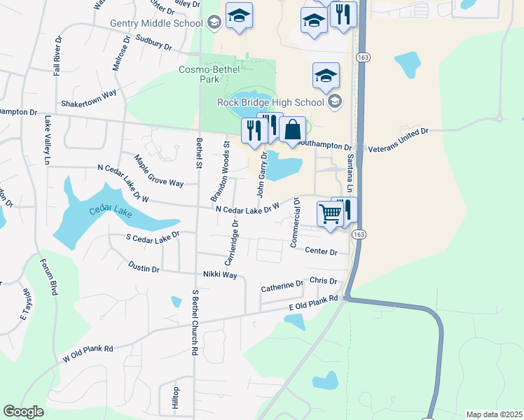 map of restaurants, bars, coffee shops, grocery stores, and more near 38 North Cedar Lake Drive West in Columbia