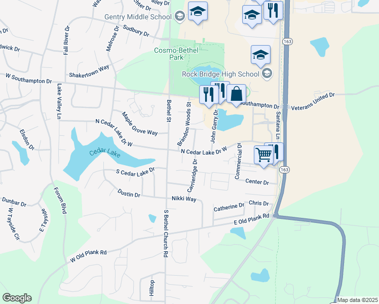 map of restaurants, bars, coffee shops, grocery stores, and more near 262 North Cedar Lake Drive East in Columbia