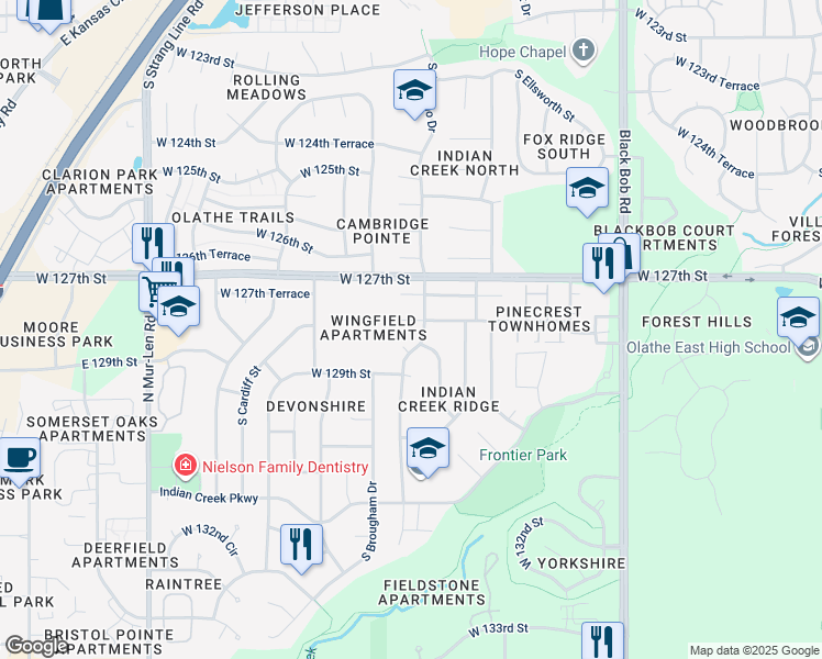 map of restaurants, bars, coffee shops, grocery stores, and more near 15817 West 128th Street in Olathe
