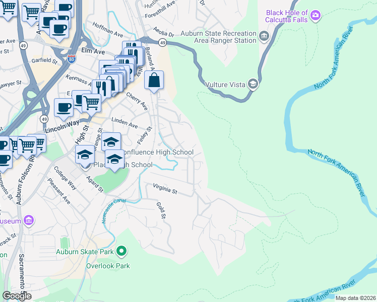 map of restaurants, bars, coffee shops, grocery stores, and more near 345 Channing Way in Auburn