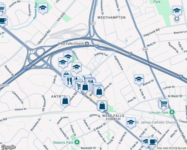 map of restaurants, bars, coffee shops, grocery stores, and more near 7037 Haycock Road in Falls Church