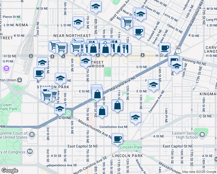 map of restaurants, bars, coffee shops, grocery stores, and more near 918 Maryland Avenue Northeast in Washington