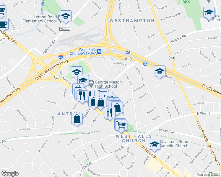 map of restaurants, bars, coffee shops, grocery stores, and more near 7037F Haycock Road in Falls Church