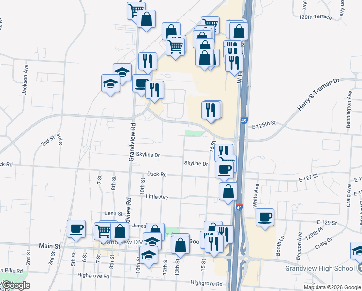 map of restaurants, bars, coffee shops, grocery stores, and more near 12520 13th Street in Grandview