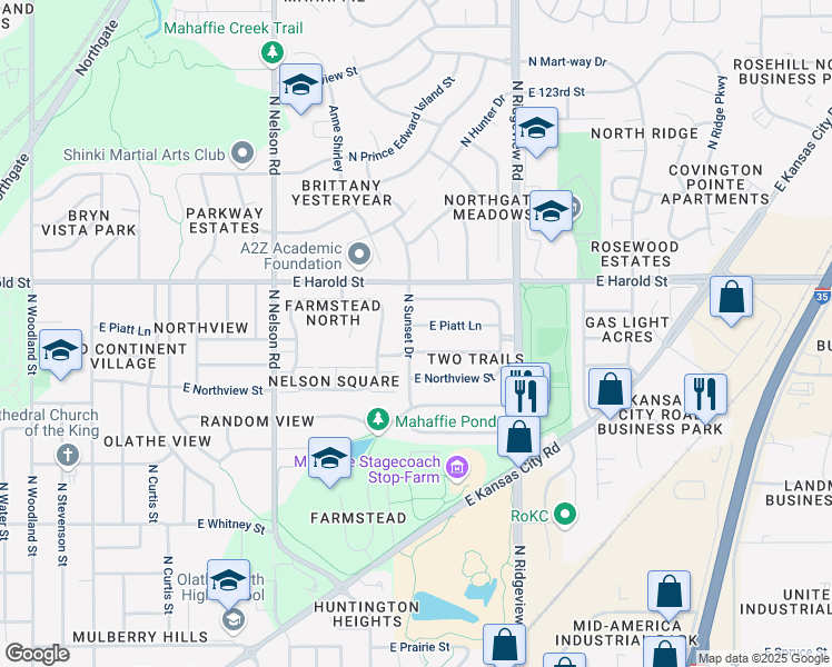 map of restaurants, bars, coffee shops, grocery stores, and more near 1001 East Piatt Lane in Olathe