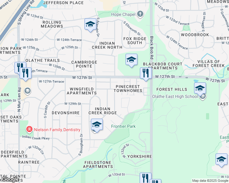 map of restaurants, bars, coffee shops, grocery stores, and more near 12802 South Blackfoot Drive in Olathe