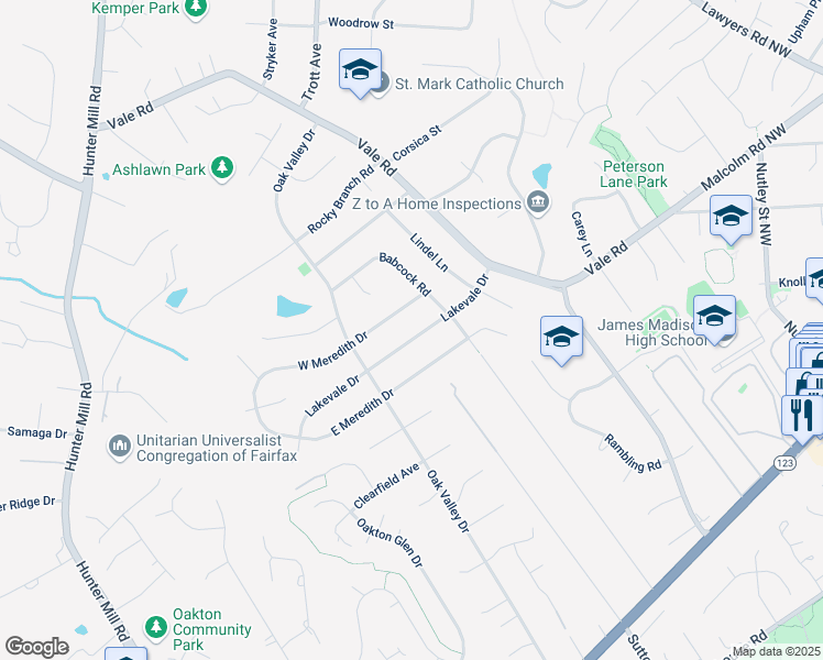 map of restaurants, bars, coffee shops, grocery stores, and more near 2508 Lakevale Drive in Vienna