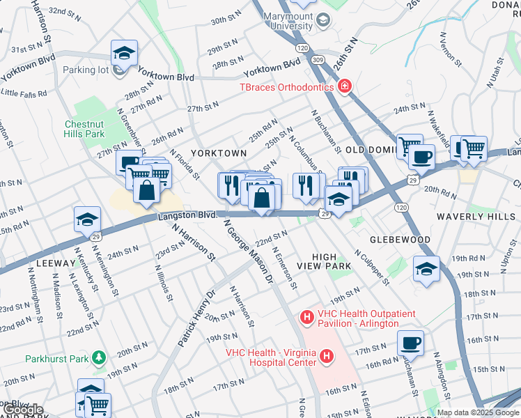 map of restaurants, bars, coffee shops, grocery stores, and more near 5127 U.S. 29 in Arlington