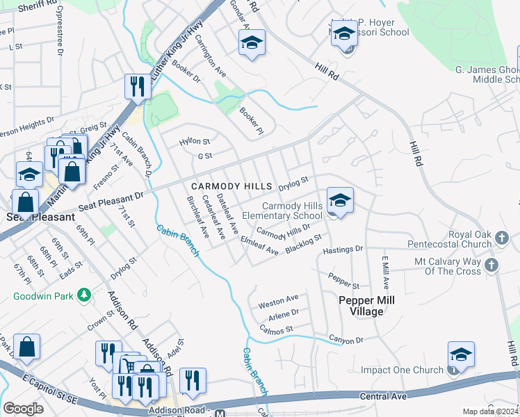 map of restaurants, bars, coffee shops, grocery stores, and more near 6610 Valley Park Road in Capitol Heights