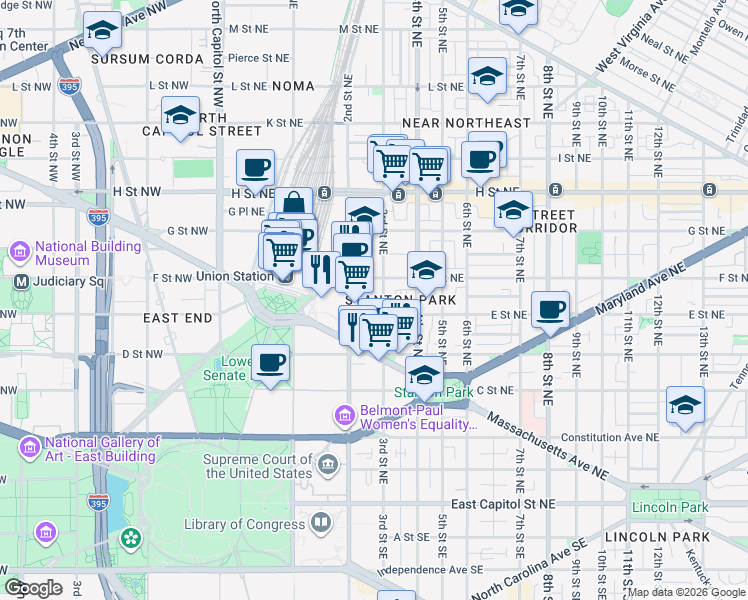 map of restaurants, bars, coffee shops, grocery stores, and more near 516 Capitol Court Northeast in Washington