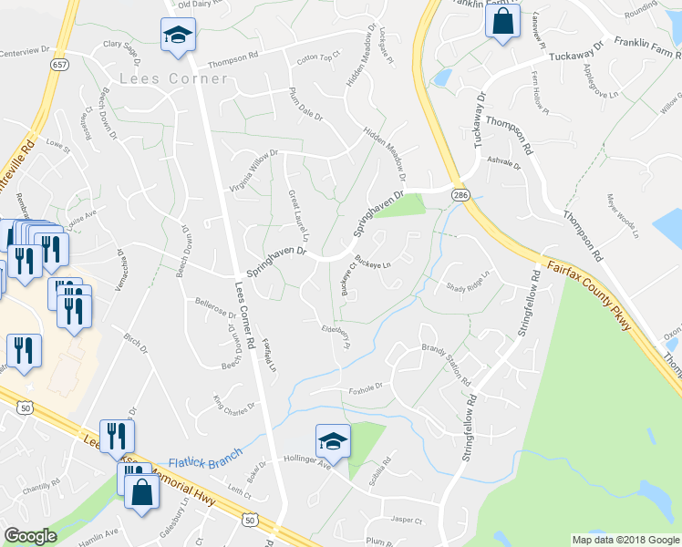 map of restaurants, bars, coffee shops, grocery stores, and more near 3602 Buckeye Court in Fairfax