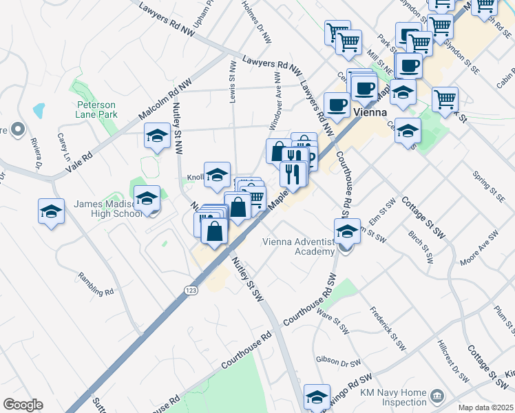 map of restaurants, bars, coffee shops, grocery stores, and more near 377 Virginia 123 in Vienna