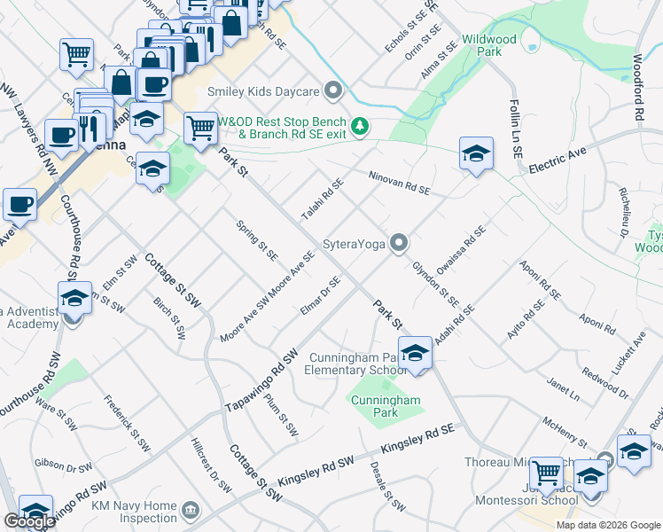 map of restaurants, bars, coffee shops, grocery stores, and more near 811 Park Street in Vienna