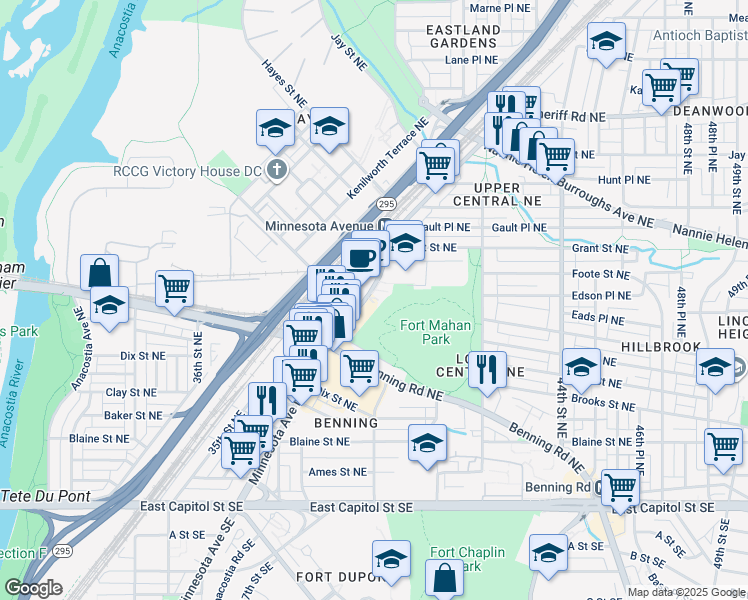 map of restaurants, bars, coffee shops, grocery stores, and more near 4069 Minnesota Avenue Northeast in Washington