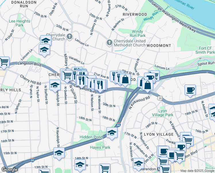 map of restaurants, bars, coffee shops, grocery stores, and more near 2107 North Lincoln Street in Arlington