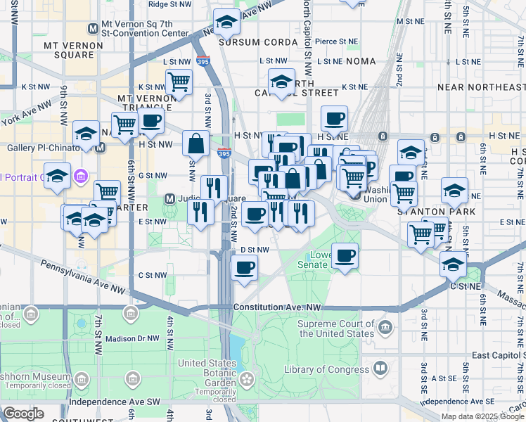 map of restaurants, bars, coffee shops, grocery stores, and more near 500 New Jersey Avenue Northwest in Washington