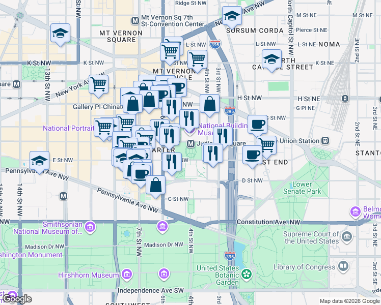 map of restaurants, bars, coffee shops, grocery stores, and more near 450 F Street Northwest in Washington