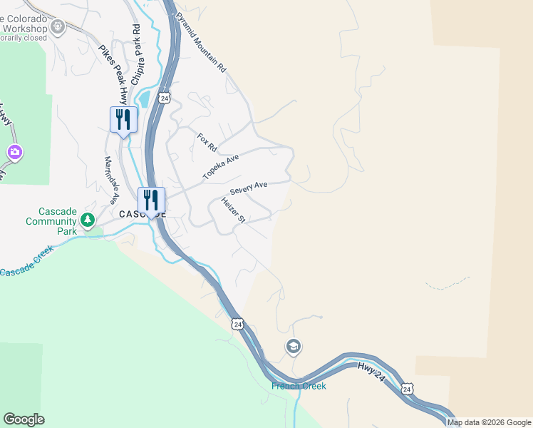 map of restaurants, bars, coffee shops, grocery stores, and more near 7765 Marriott Road in Cascade-Chipita Park
