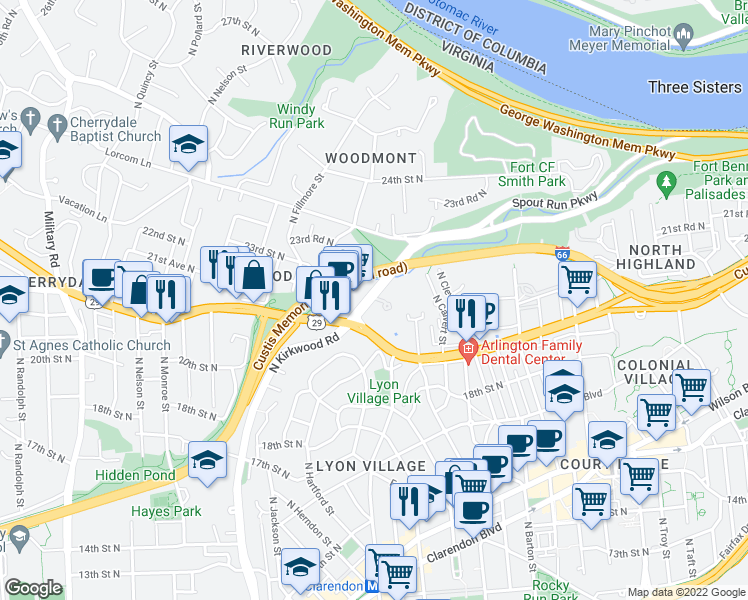 map of restaurants, bars, coffee shops, grocery stores, and more near 3000 Spout Run Parkway in Arlington