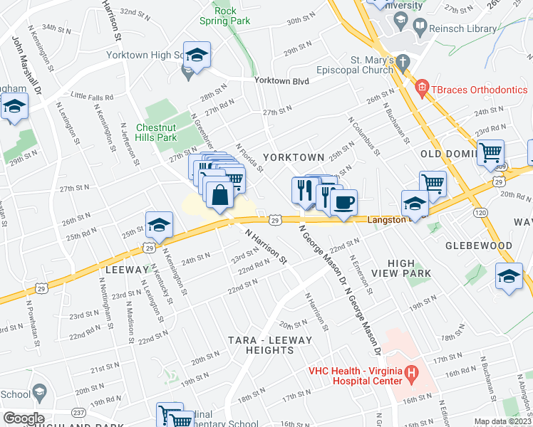 map of restaurants, bars, coffee shops, grocery stores, and more near 2305 North Greenbrier Court in Arlington