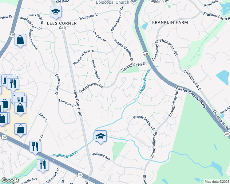 map of restaurants, bars, coffee shops, grocery stores, and more near 3611 Buckeye Court in Fairfax